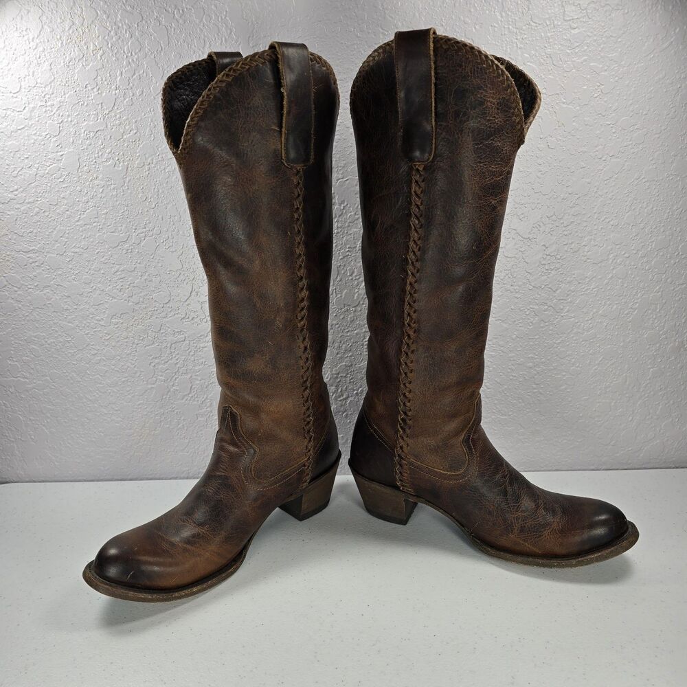 Lane Plain Jane Boots Womens 8 Brown Leather Western Tall Knee Cowgirl Braided - Picture 4 of 11